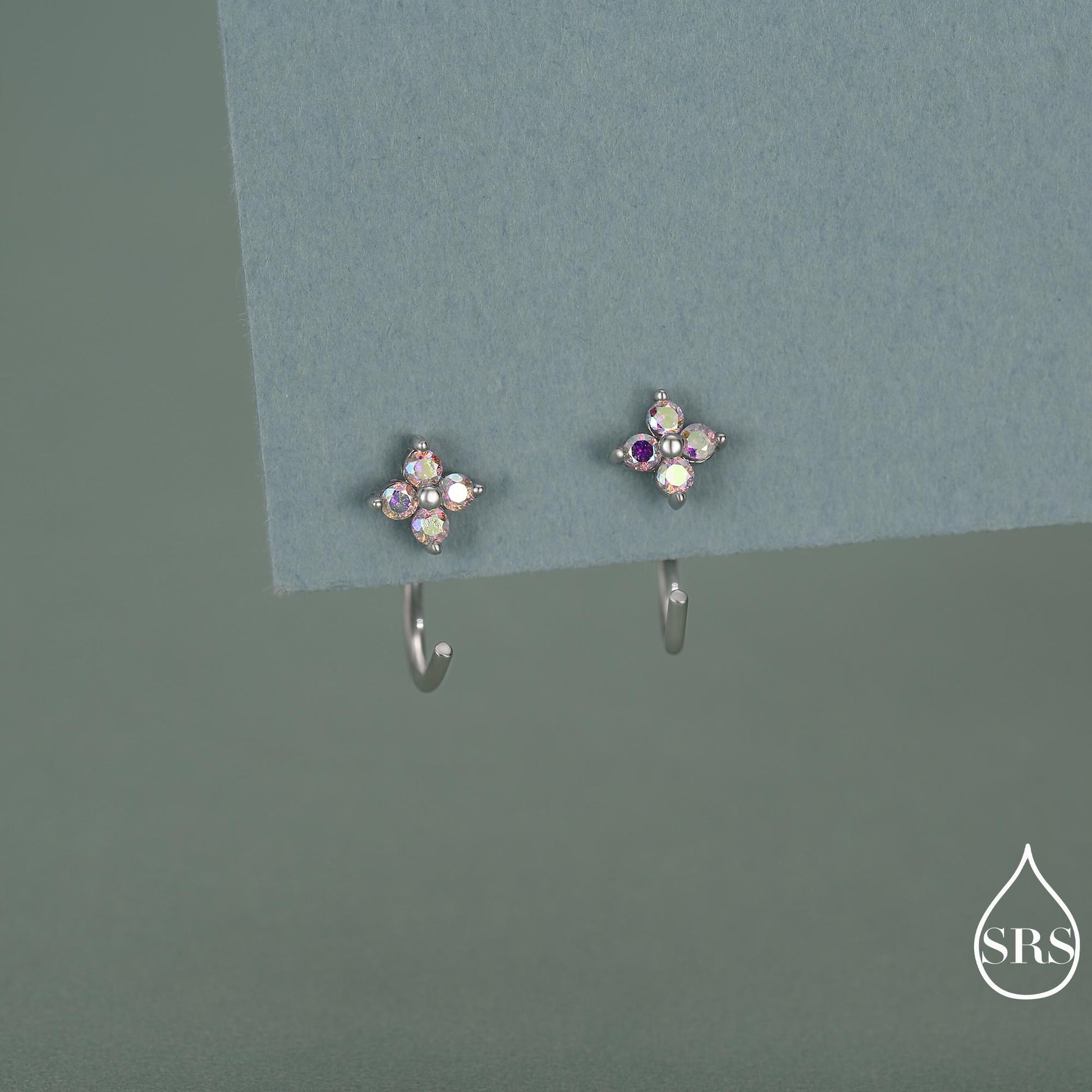 CZ Hydrangea Flower Huggie Hoop Earrings in Sterling Silver, Aurora AB Crystal, Tiny CZ Open Hoops, Pull Through Threaders,