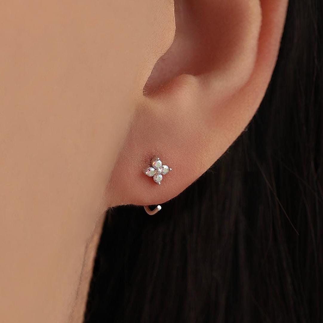 CZ Hydrangea Flower Huggie Hoop Earrings in Sterling Silver, Aurora AB Crystal, Tiny CZ Open Hoops, Pull Through Threaders,