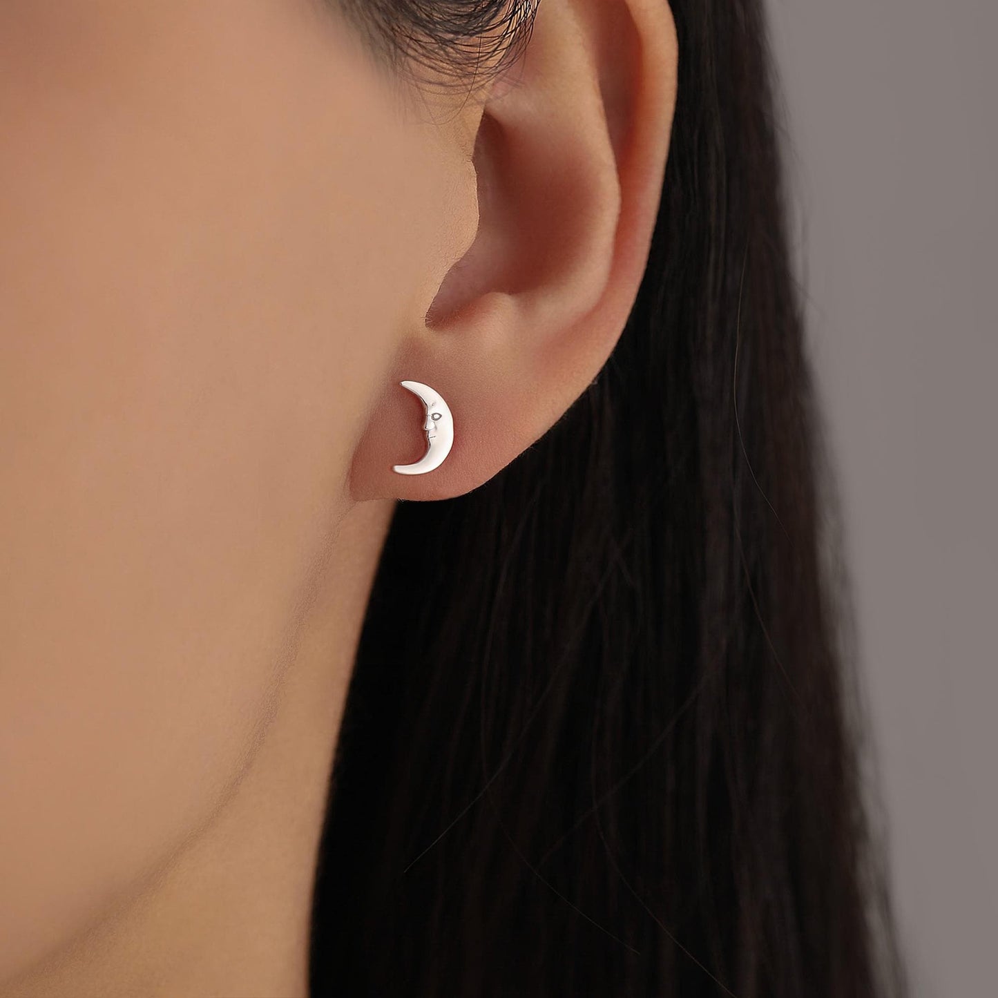 Mismatched Sun and Moon 16G 8mm Flat Back Earrings in Sterling Silver, Asymmetric Man in the Moon and Sun Face Stud Earrings