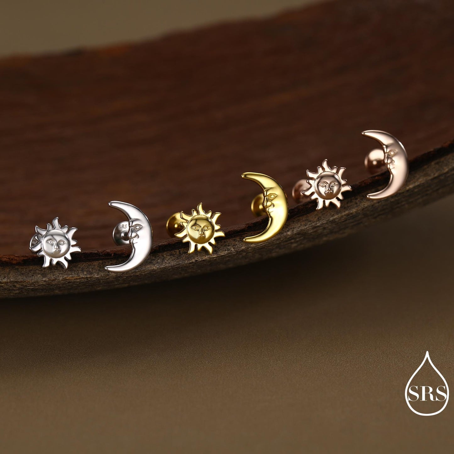 Mismatched Sun and Moon 16G 8mm Flat Back Earrings in Sterling Silver, Asymmetric Man in the Moon and Sun Face Stud Earrings