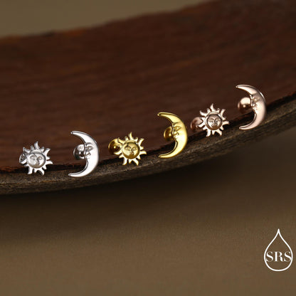 Mismatched Sun and Moon 16G 8mm Flat Back Earrings in Sterling Silver, Asymmetric Man in the Moon and Sun Face Stud Earrings