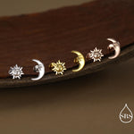 Mismatched Sun and Moon 16G Flat Back Earrings in Sterling Silver, Asymmetric Man in the Moon and Sun Face Stud Earrings