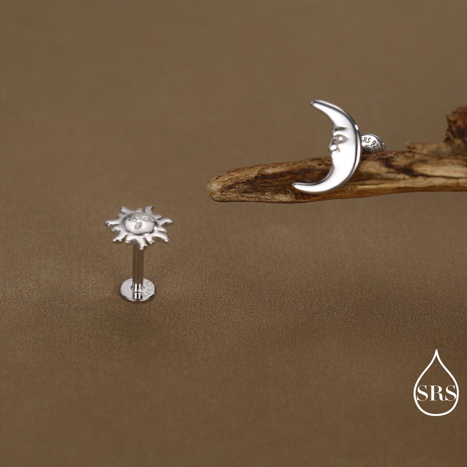 Mismatched Sun and Moon 16G Flat Back Earrings in Sterling Silver, Asymmetric Man in the Moon and Sun Face Stud Earrings