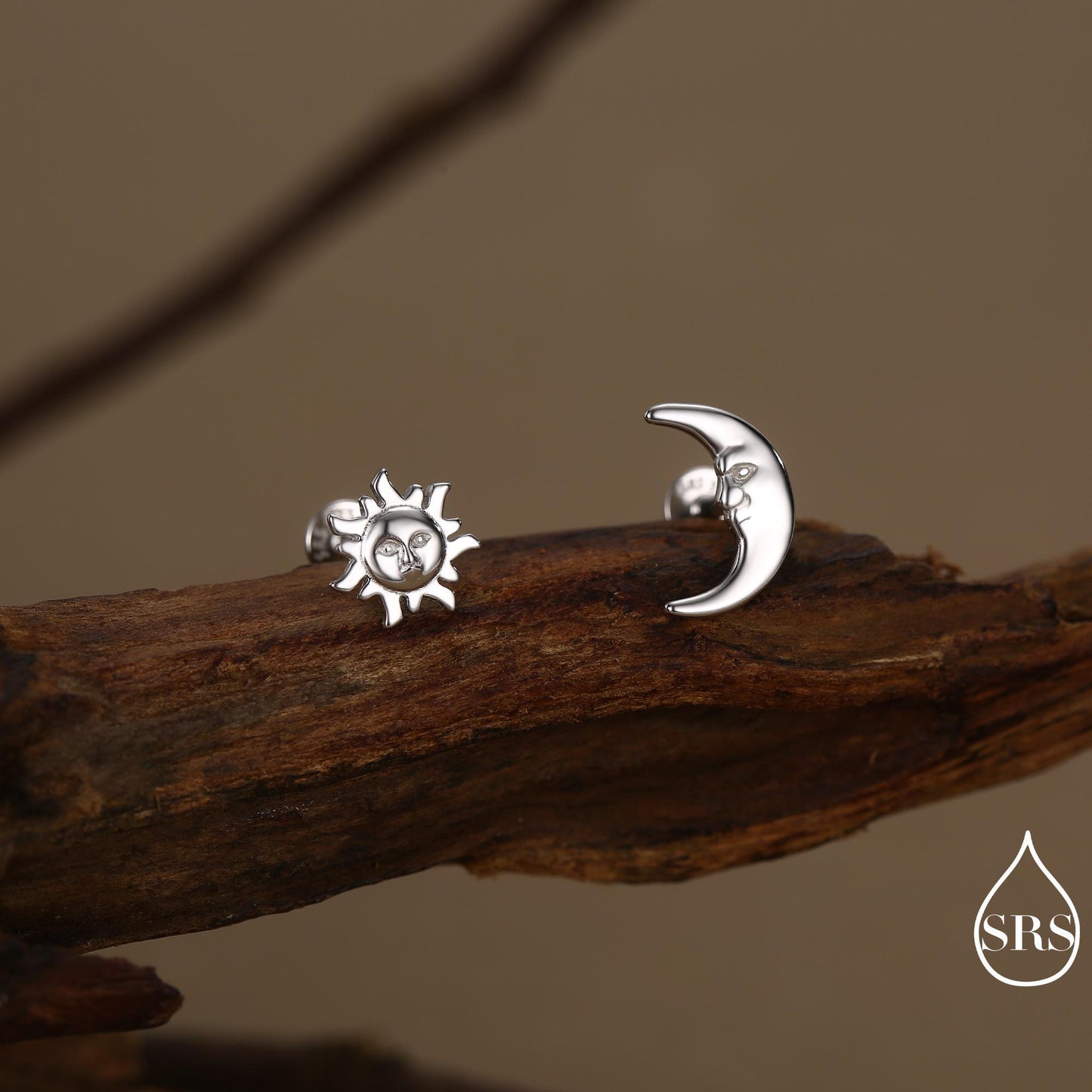 Mismatched Sun and Moon 16G 8mm Flat Back Earrings in Sterling Silver, Asymmetric Man in the Moon and Sun Face Stud Earrings