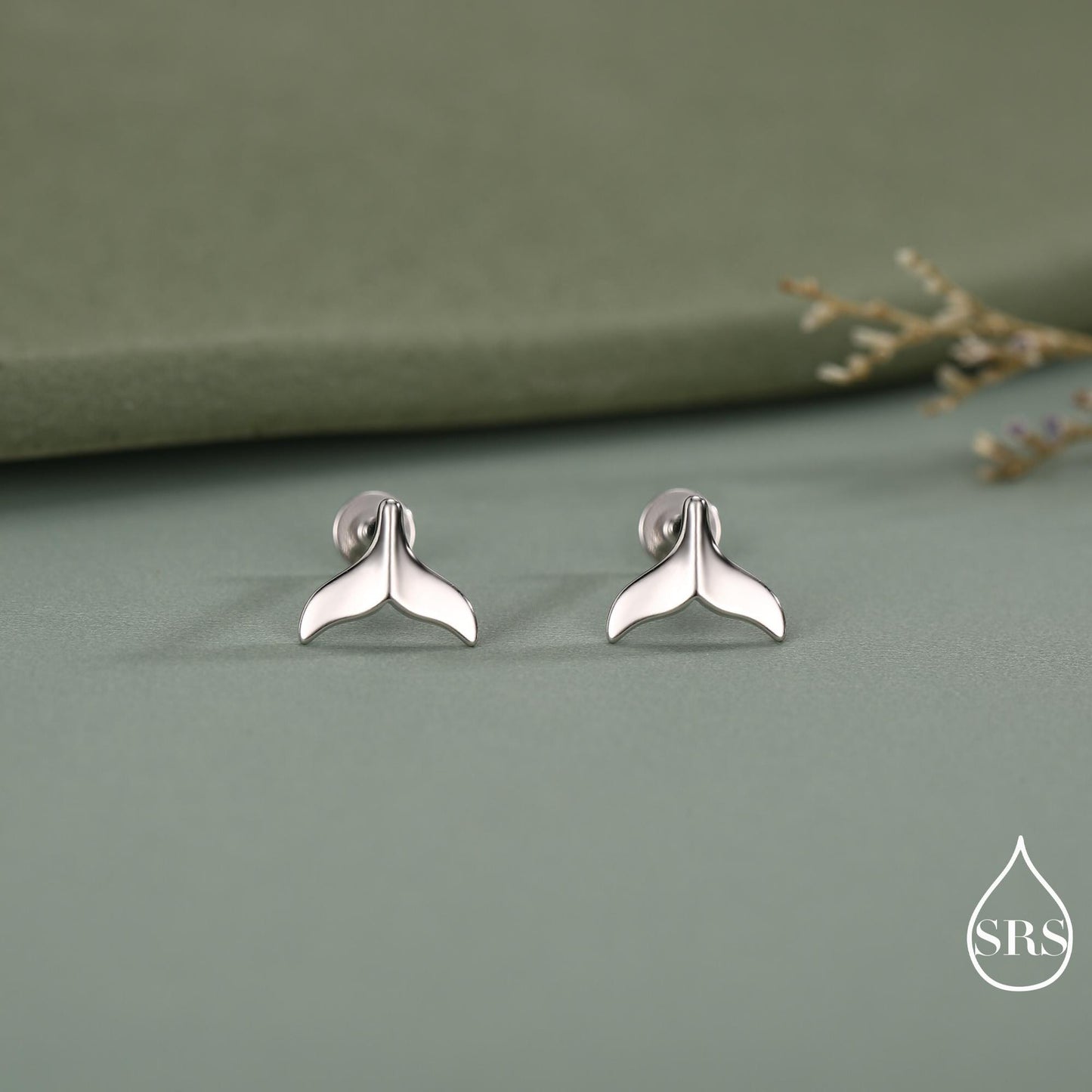Whale Tail Flat Back Earrings in Sterling Silver, 16G 8mm Internally Threaded Fish Flat Back Earrings