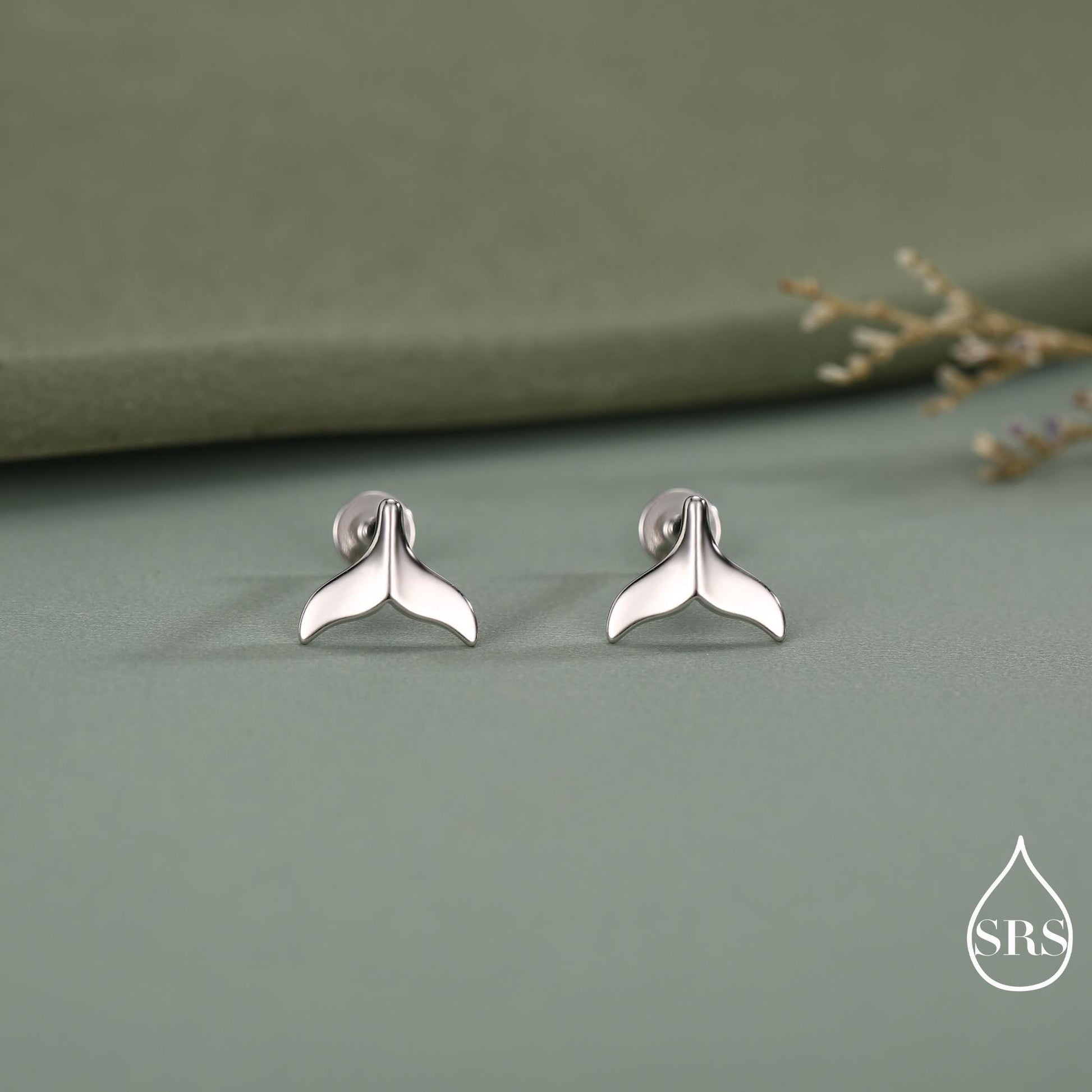 Whale Tail Flat Back Earrings in Sterling Silver, 16G 8mm Internally Threaded Fish Flat Back Earrings