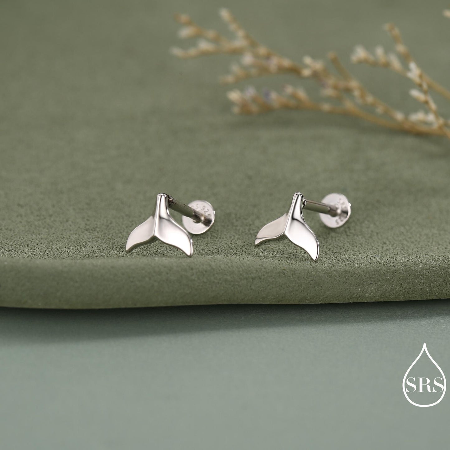 Whale Tail Flat Back Earrings in Sterling Silver, 16G 8mm Internally Threaded Fish Flat Back Earrings