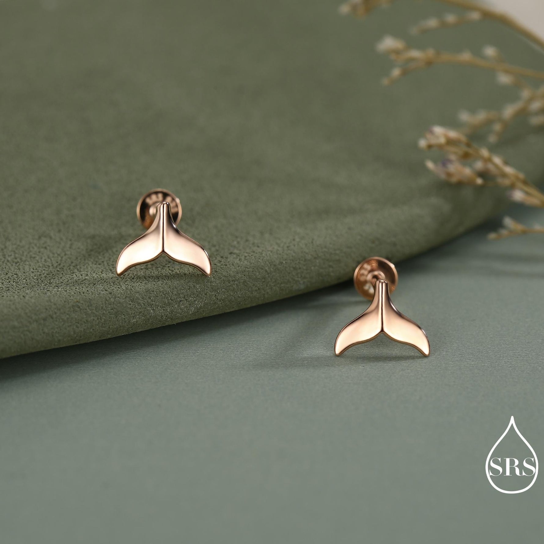 Whale Tail Flat Back Earrings in Sterling Silver, 16G Internally Threaded Fish Flat Back Earrings