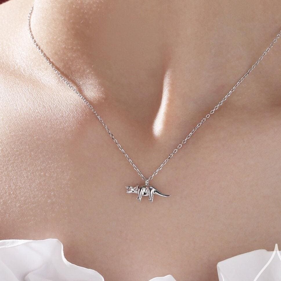 Triceratops Dinosaur Pendant Necklace in Sterling Silver, Shark Necklace, Silver or Gold or Rose Gold, Small Triceratops Dinosaur Pendant