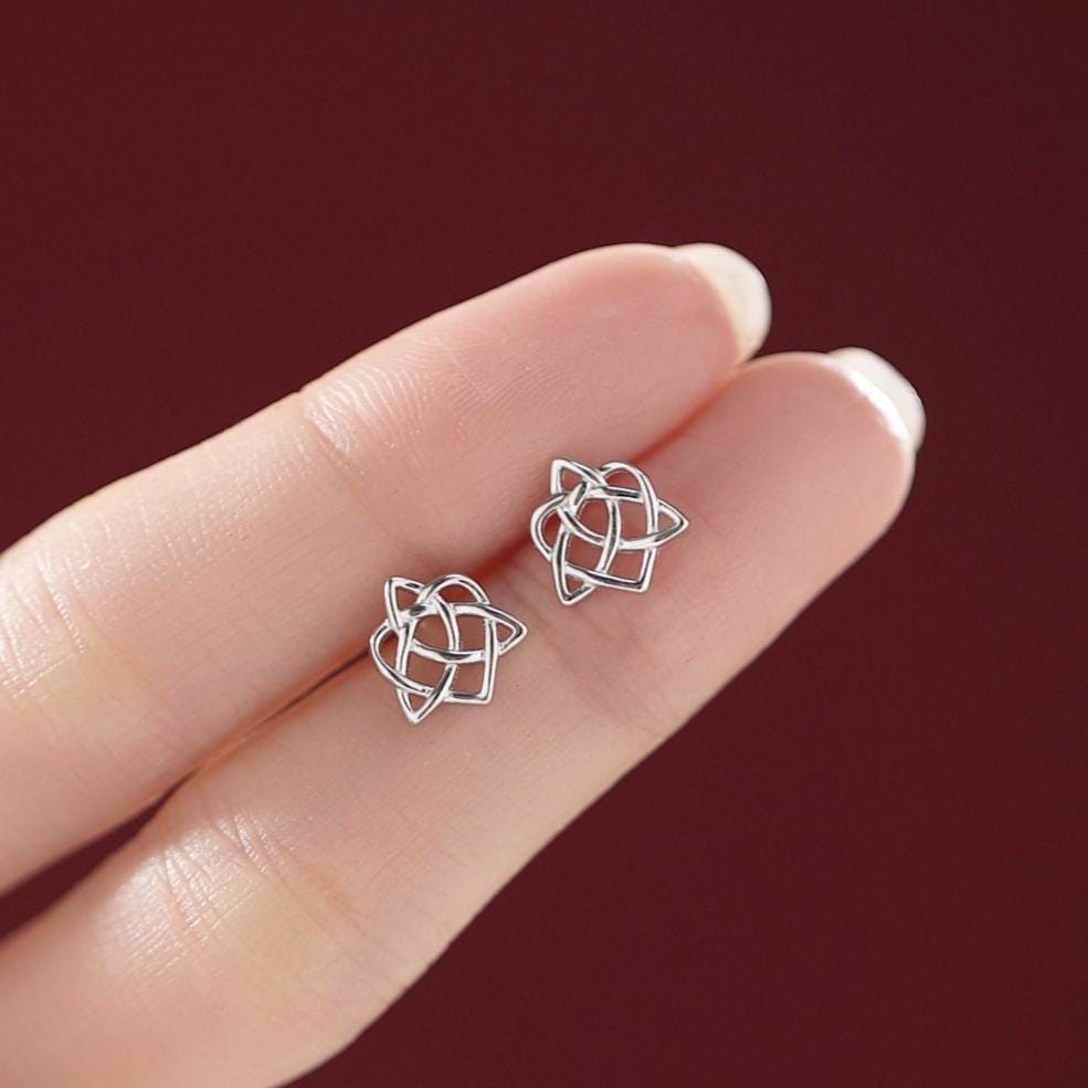 Celtic Heart Stud Earrings in Sterling Silver, Silver, Gold or Rose Gold, Celtic Trinity Knot Heart Earrings