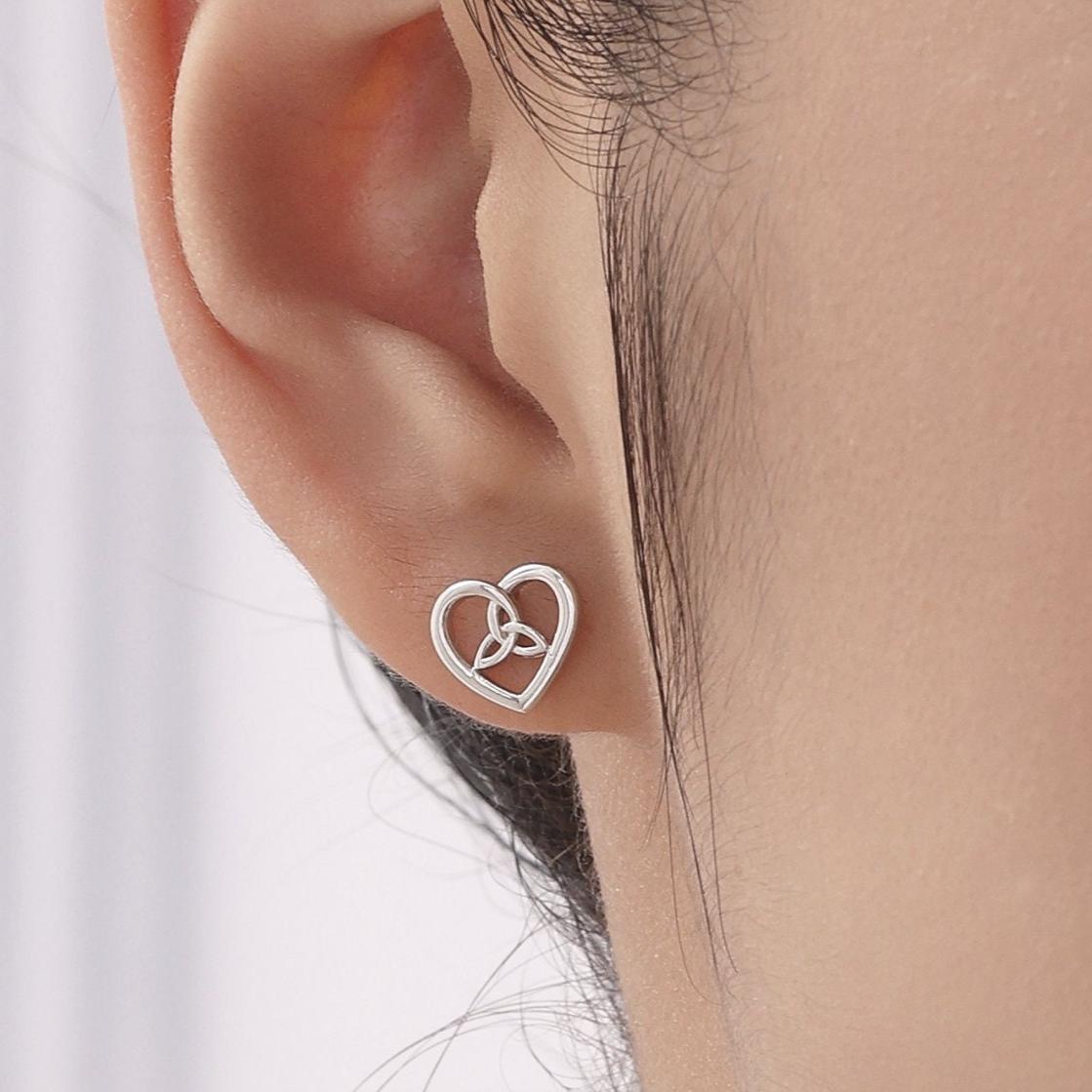 Celtic Heart Stud Earrings in Sterling Silver, Silver, Gold or Rose Gold, Unicorn Earrings, Celtic Trinity Knot Heart Earrings