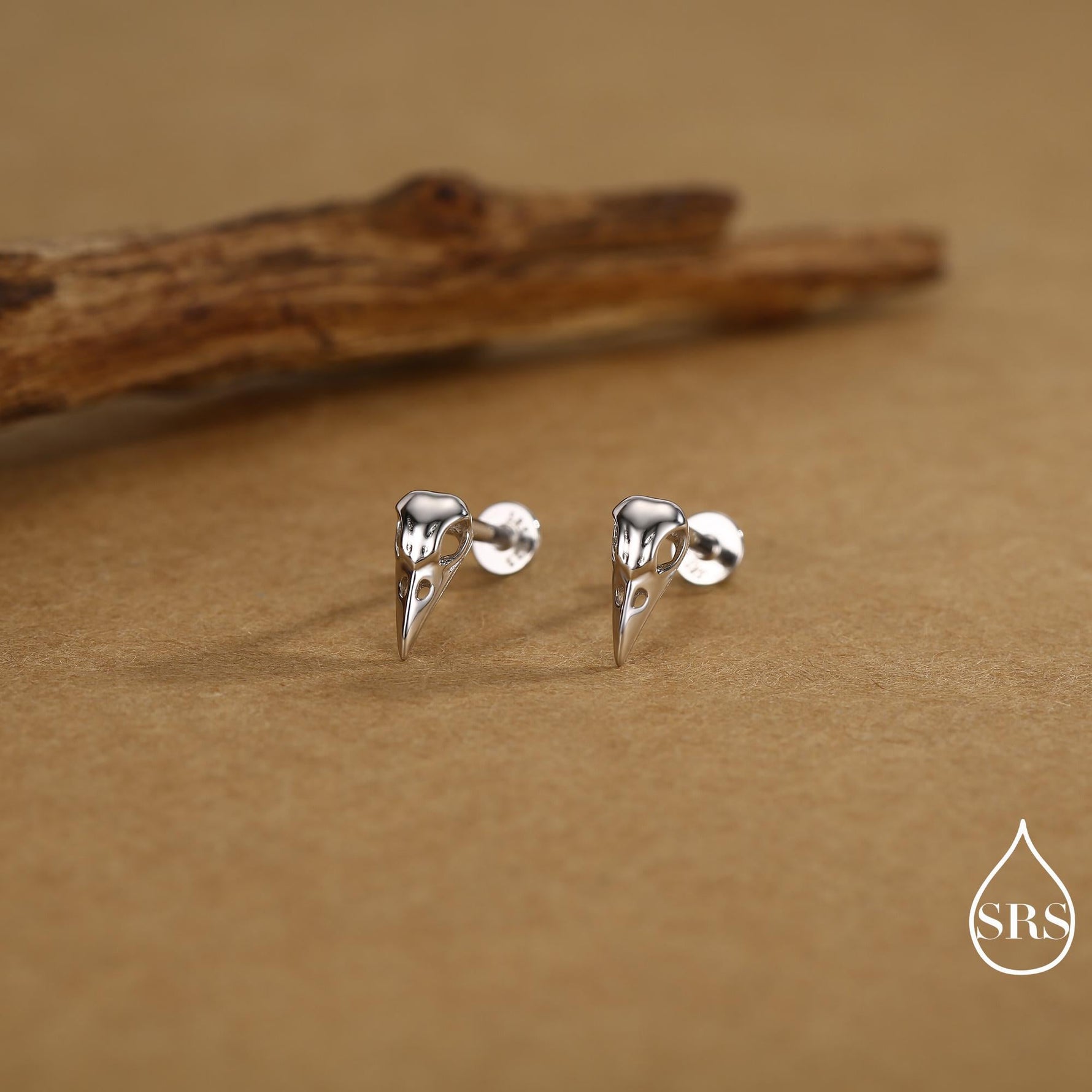 Sterling Silver Bird Skull Internally Threaded Flat Back Earrings, Silver, Gold or Rose Gold, Bird Skeleton Earrings