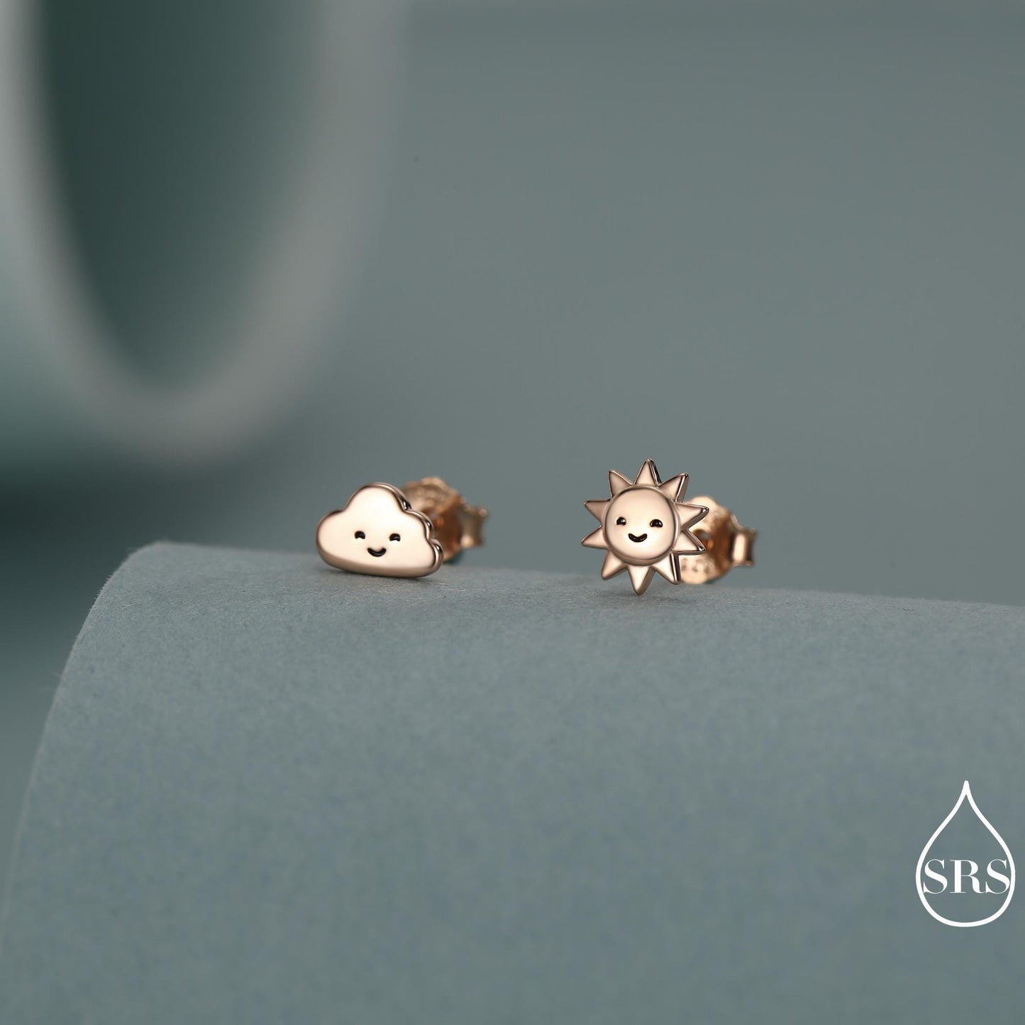 Tiny Mismatched Sun and Cloud Stud Earrings in Sterling Silver, Silver Gold or Rose Gold Finish, Sun Earrings, Celestial Earrings