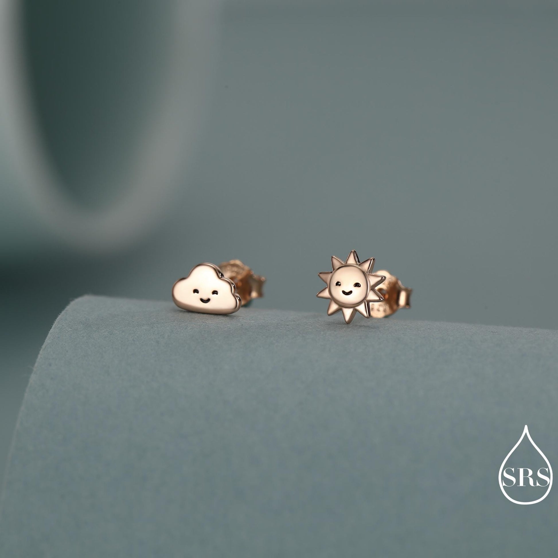 Tiny Mismatched Sun and Cloud Stud Earrings in Sterling Silver, Silver Gold or Rose Gold Finish, Sun Earrings, Celestial Earrings