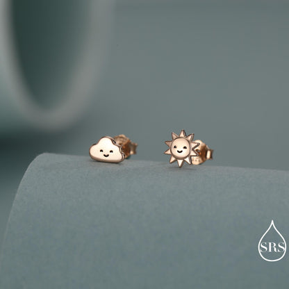 Tiny Mismatched Sun and Cloud Stud Earrings in Sterling Silver, Silver Gold or Rose Gold Finish, Sun Earrings, Celestial Earrings