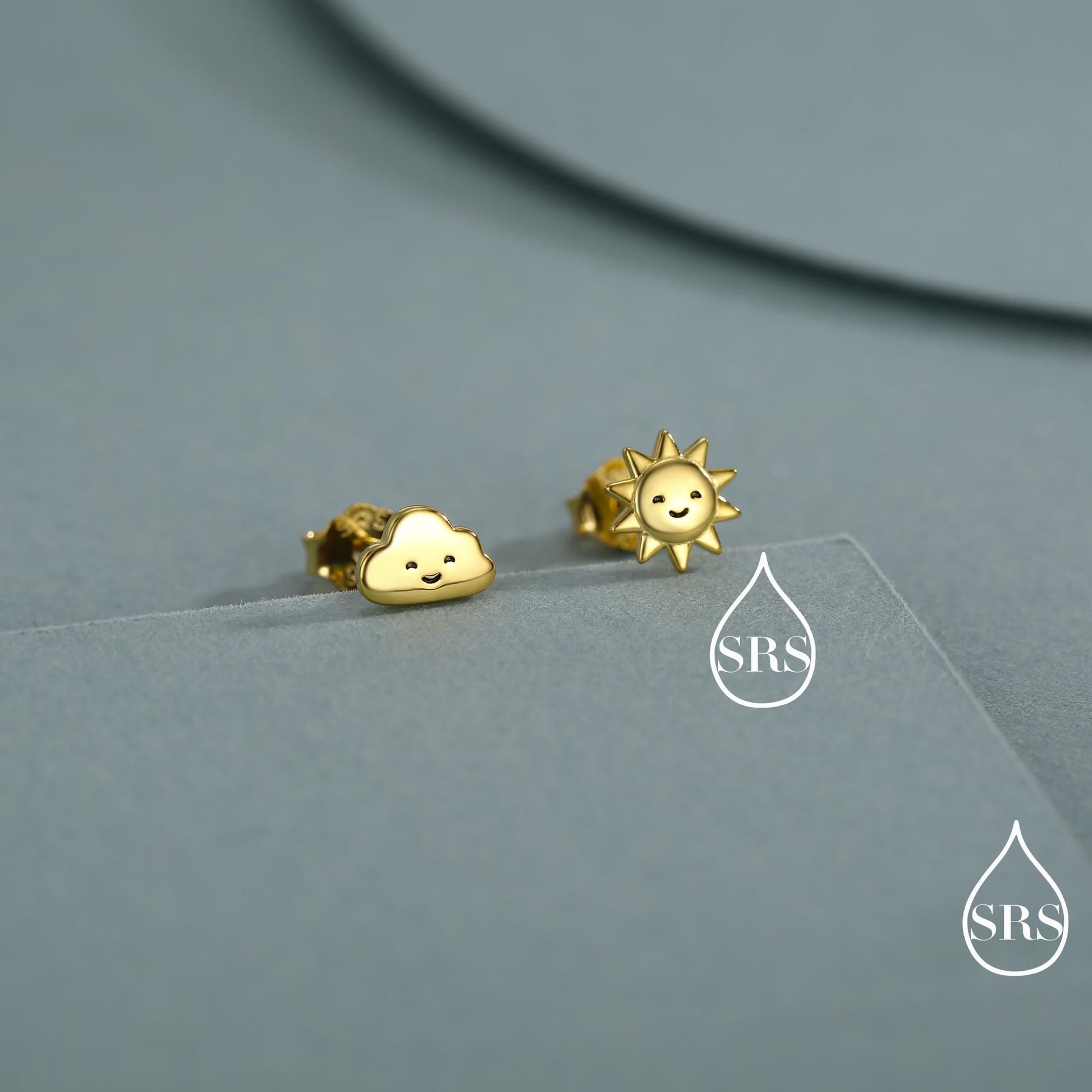 Tiny Mismatched Sun and Cloud Stud Earrings in Sterling Silver, Silver Gold or Rose Gold Finish, Sun Earrings, Celestial Earrings