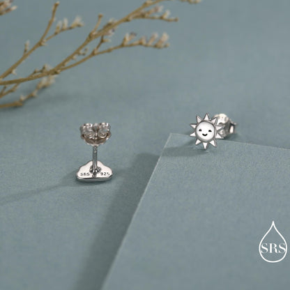 Tiny Mismatched Sun and Cloud Stud Earrings in Sterling Silver, Silver Gold or Rose Gold Finish, Sun Earrings, Celestial Earrings