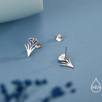 Blue Crocus Flower Stud Earrings in Sterling Silver - Enamel Floral Mini Studs - Spring Blossom Jewellery
