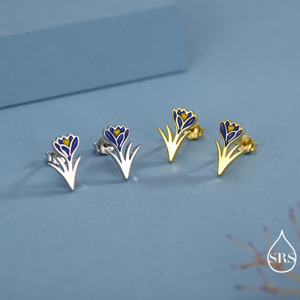 Blue Crocus Flower Stud Earrings in Sterling Silver - Enamel Floral Mini Studs - Spring Blossom Jewellery