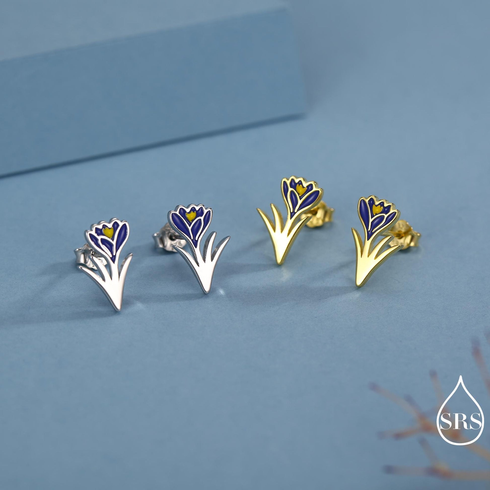 Blue Crocus Flower Stud Earrings in Sterling Silver - Enamel Floral Mini Studs - Spring Blossom Jewellery