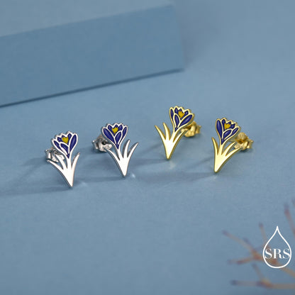 Blue Crocus Flower Stud Earrings in Sterling Silver - Enamel Floral Mini Studs - Spring Blossom Jewellery