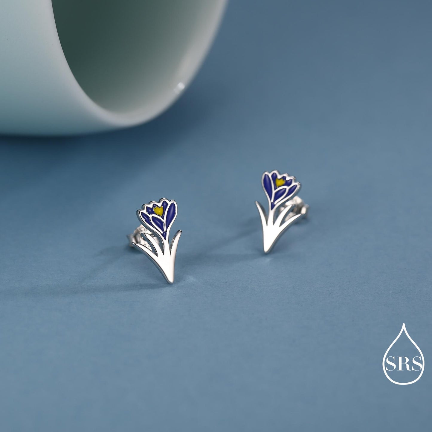 Blue Crocus Flower Stud Earrings in Sterling Silver - Enamel Floral Mini Studs - Spring Blossom Jewellery