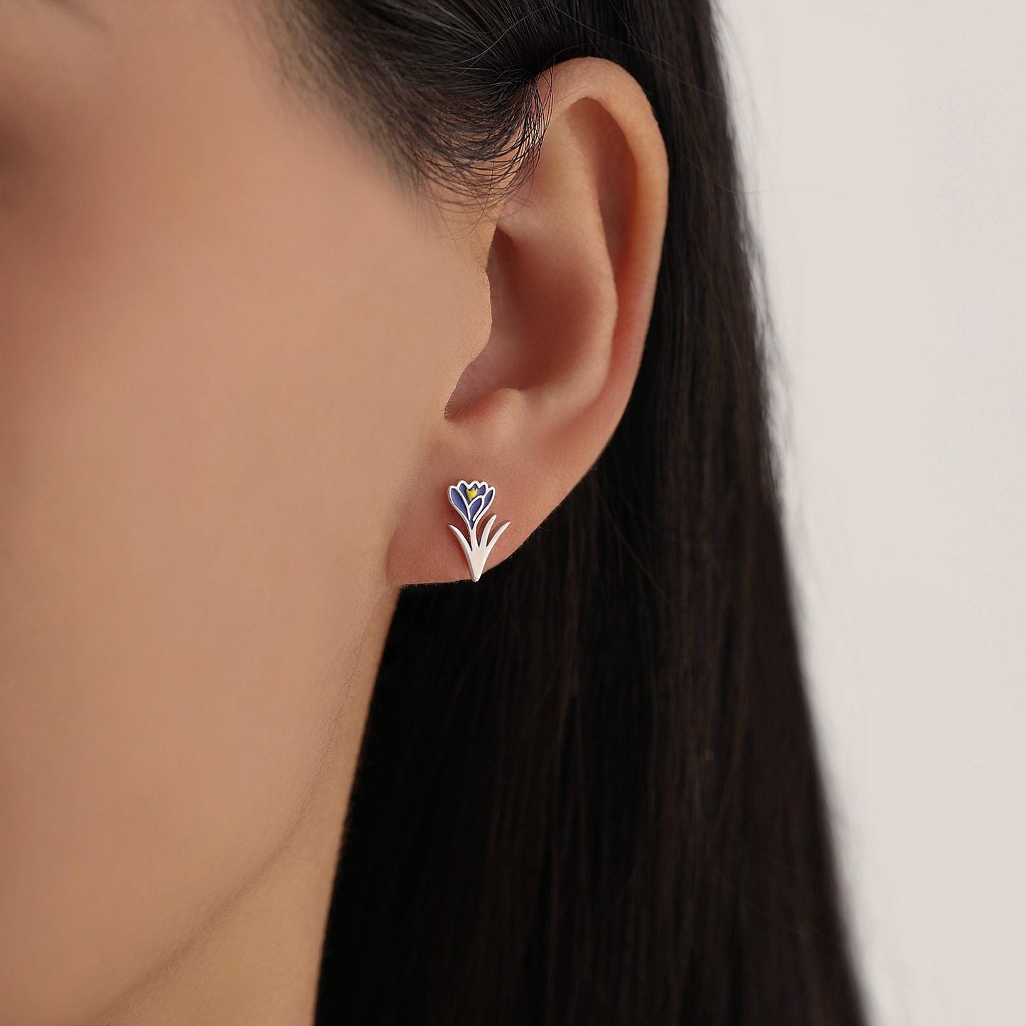 Blue Crocus Flower Stud Earrings in Sterling Silver - Enamel Floral Mini Studs - Spring Blossom Jewellery