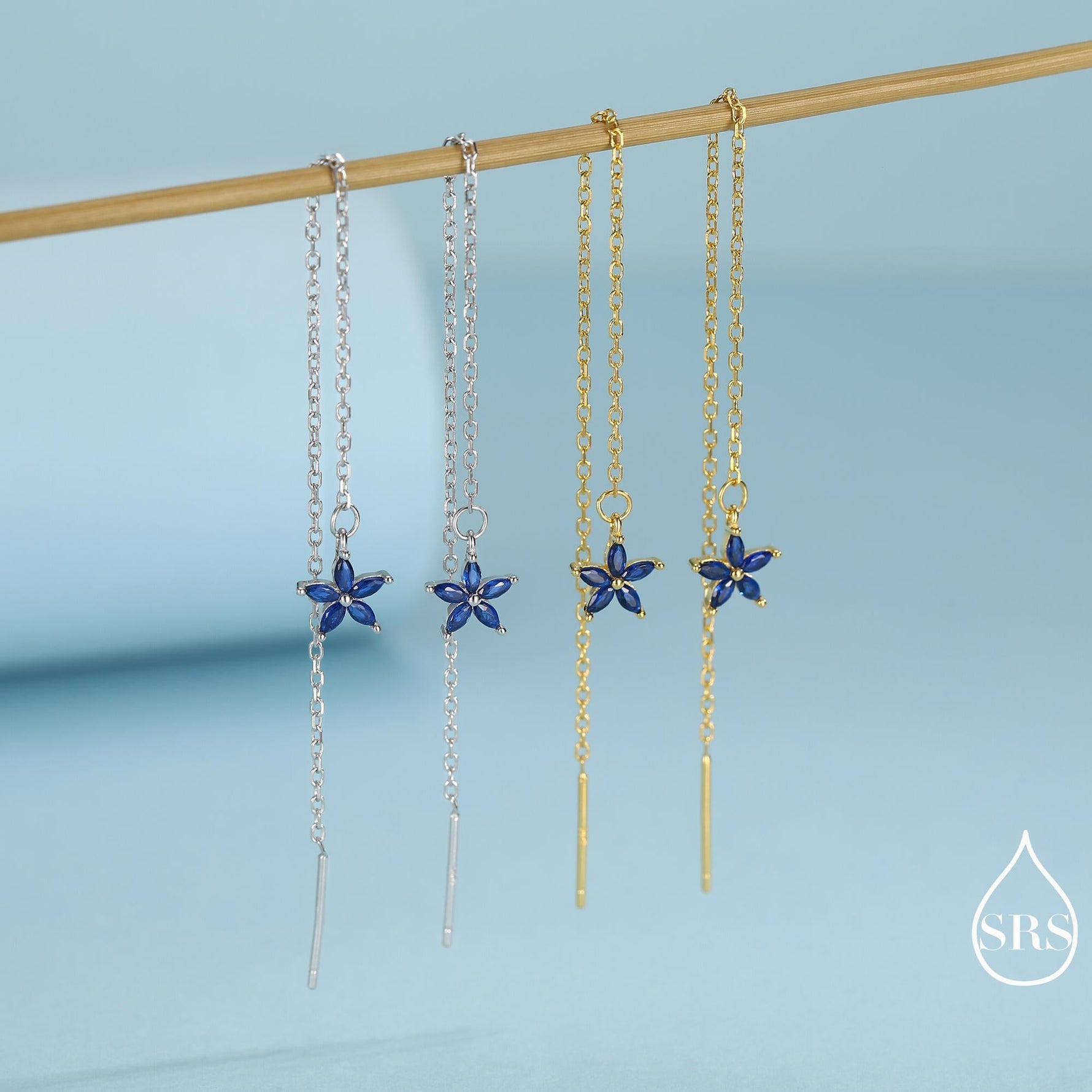 Sapphire Blue CZ Flower Threader Earrings in Sterling Silver, Silver or Gold, Forget-me-not Floral Ear Threaders, Sparkly CZ Threaders