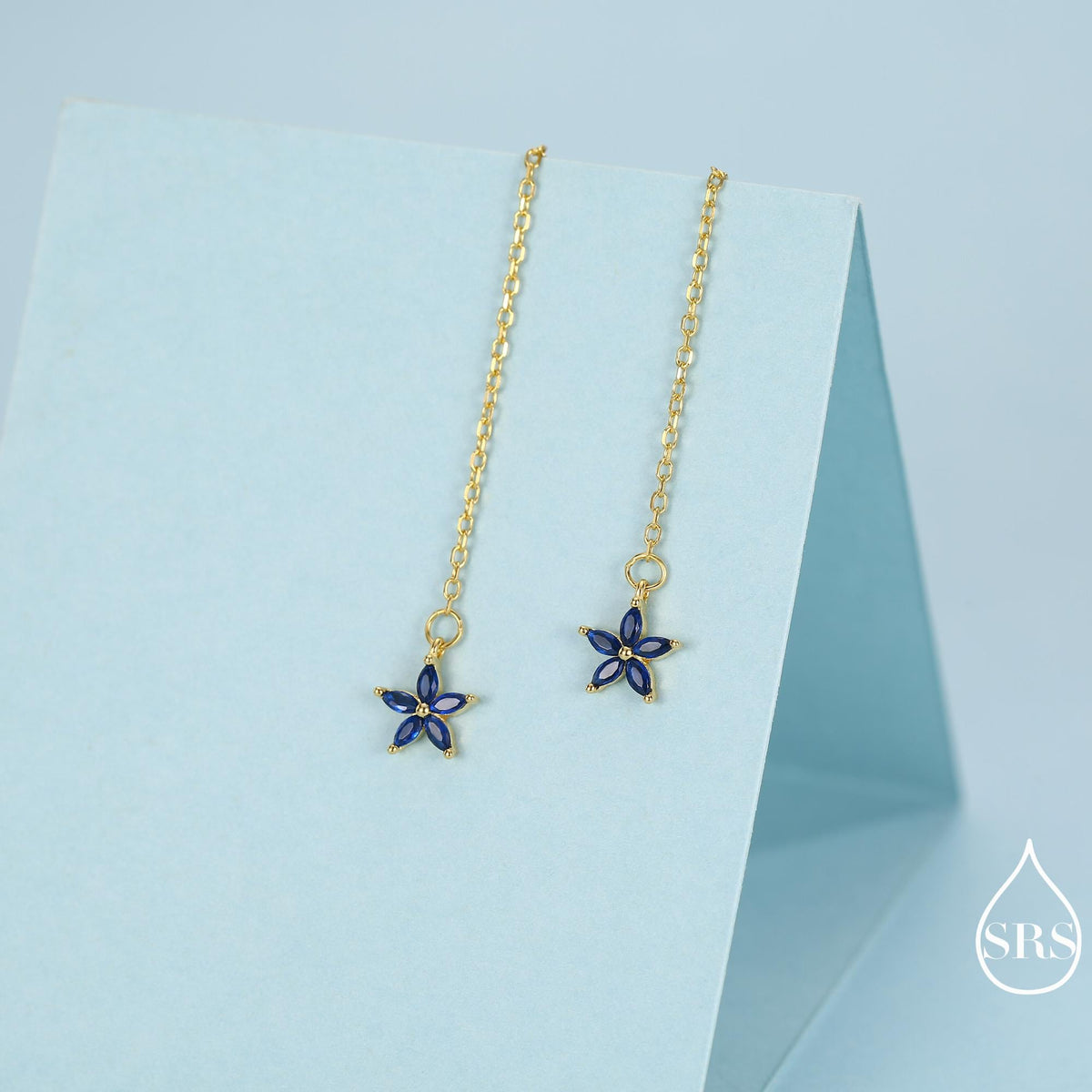Sapphire Blue CZ Flower Threader Earrings in Sterling Silver, Silver or Gold, Forget-me-not Floral Ear Threaders, Sparkly CZ Threaders