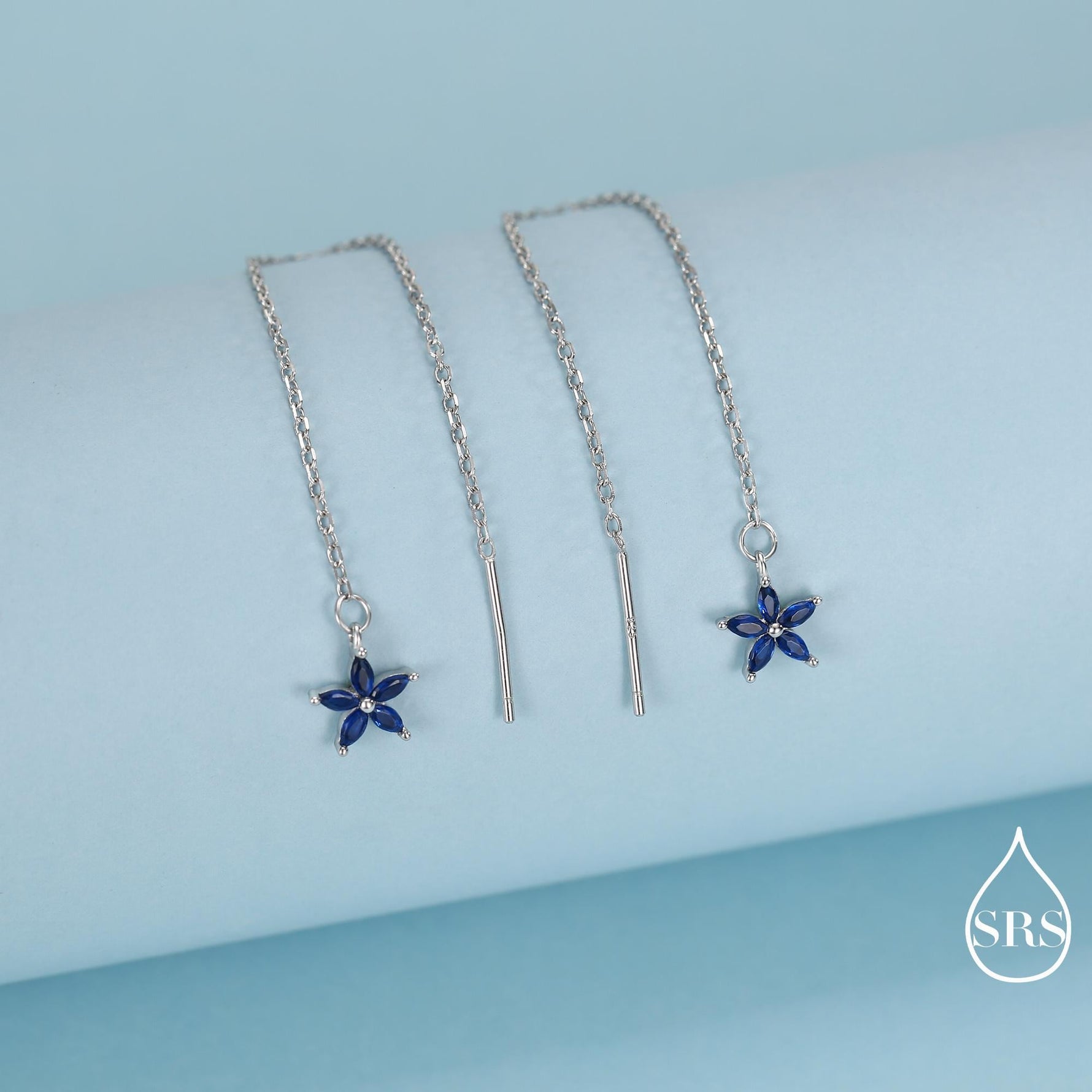 Sapphire Blue CZ Flower Threader Earrings in Sterling Silver, Silver or Gold, Forget-me-not Floral Ear Threaders, Sparkly CZ Threaders