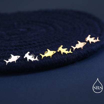 Mismatched Shark Stud Earrings in Sterling Silver, Silver or Gold or Rose Gold, Asymetric Shark and Hammerhead shark Earrings