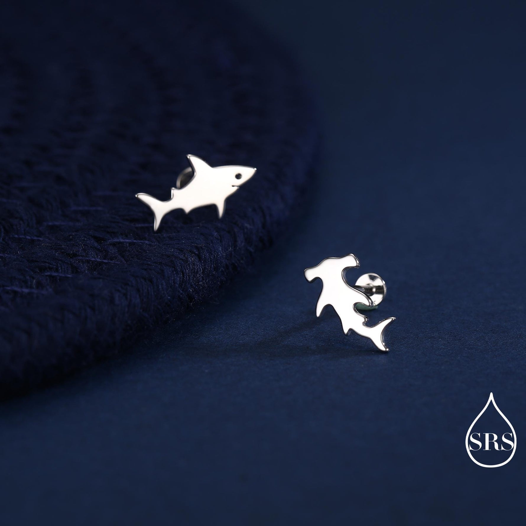 Mismatched Shark 16G Internally Threaded Flat Back Earrings in Sterling Silver, Animal Earrings