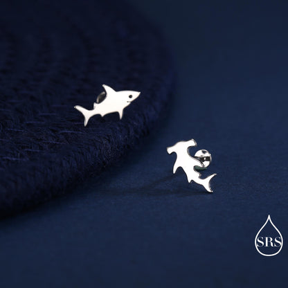 Mismatched Shark Internally Threaded /Stud / Screw Back Earrings in Sterling Silver, Silver, Gold or Rose Gold, Hammerhead shark Earrings