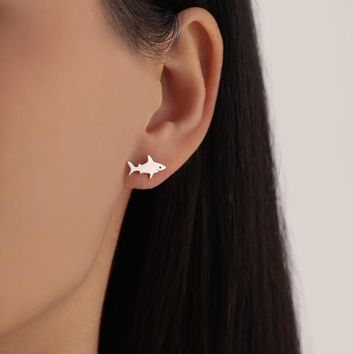 Mismatched Shark 16G Internally Threaded Flat Back Earrings in Sterling Silver, Animal Earrings