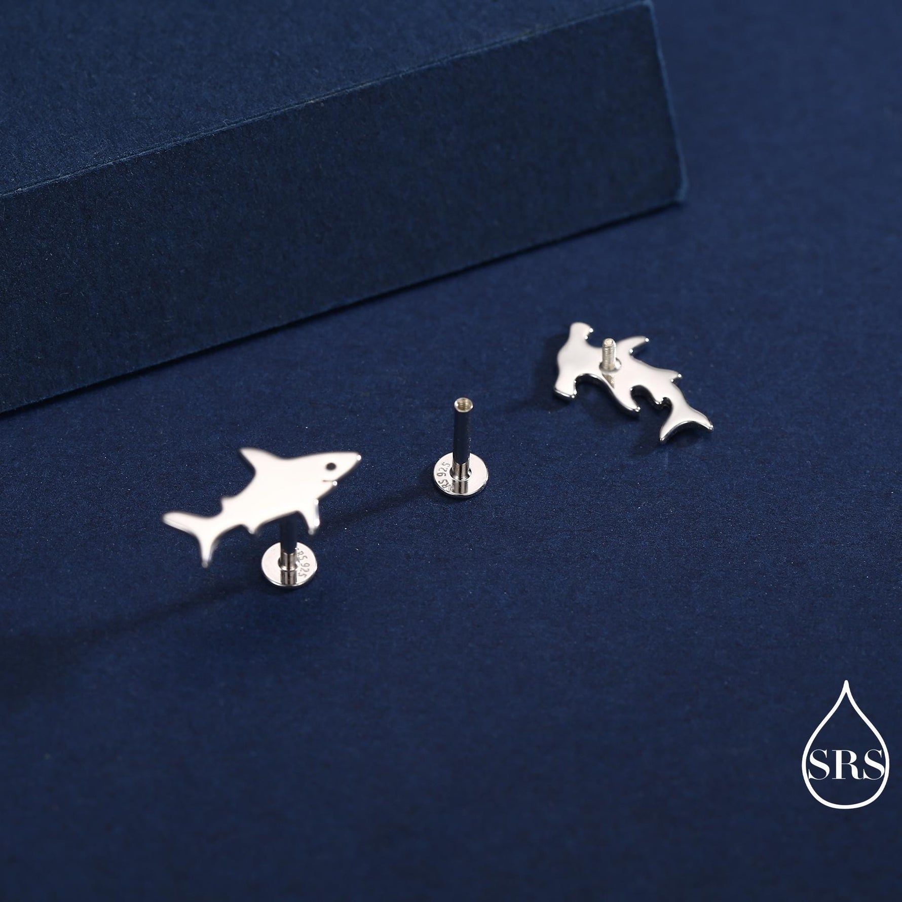 Mismatched Shark 16G Internally Threaded Flat Back Earrings in Sterling Silver, Animal Earrings