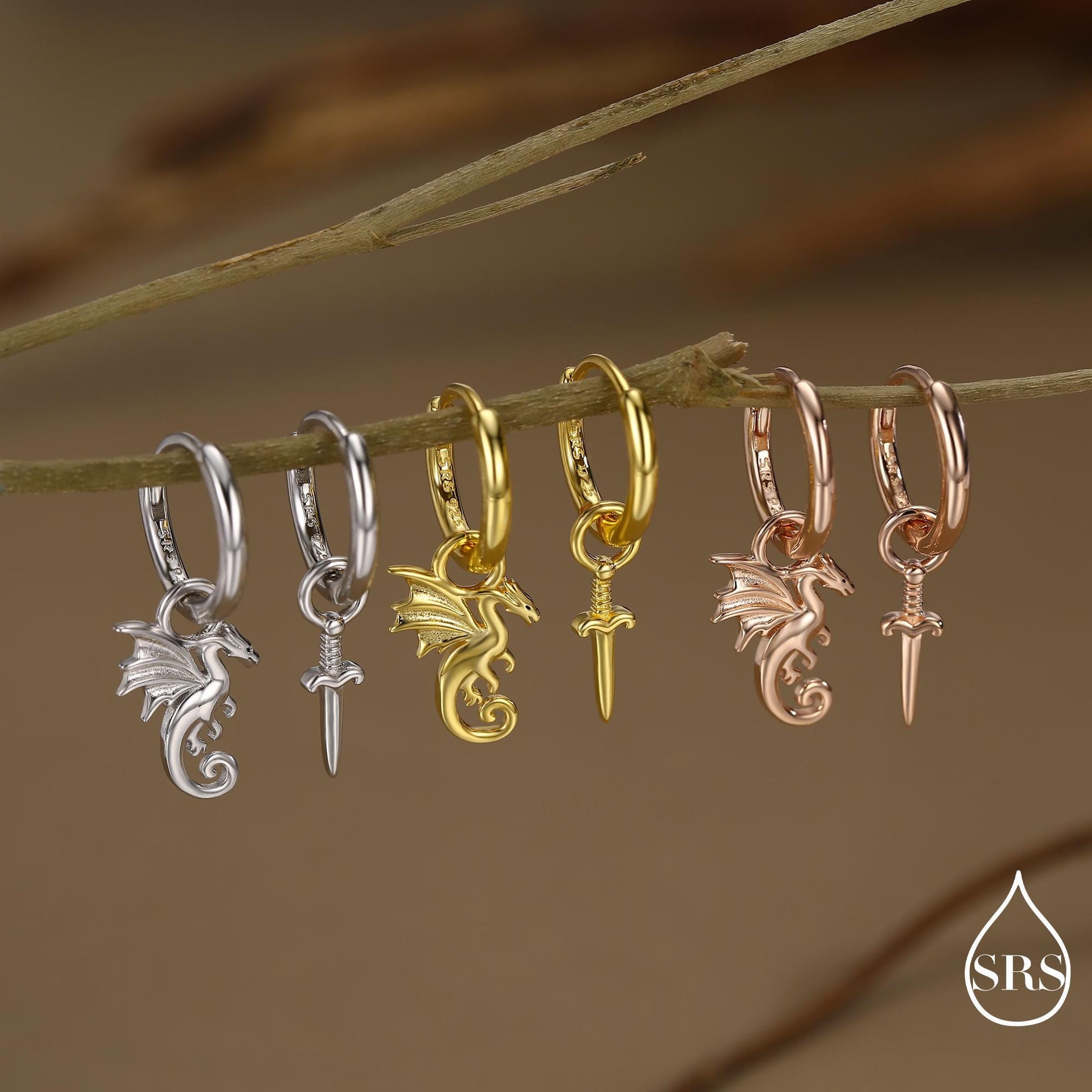 Mismatched Dragon and Sword Huggie Hoops in Sterling Silver, Detachable Asymmetric Dragon and Sword Hoop Earrings, Silver, Gold or Rose Gold