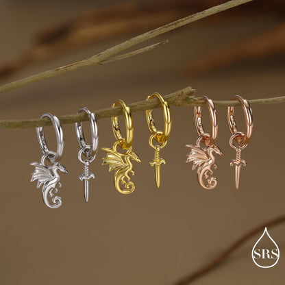 Mismatched Dragon and Sword Huggie Hoops in Sterling Silver, Detachable Asymmetric Dragon and Sword Hoop Earrings, Silver, Gold or Rose Gold