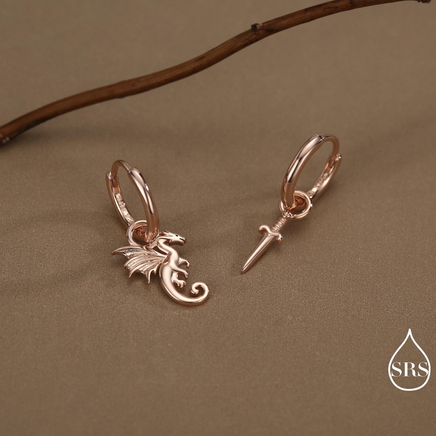Mismatched Dragon and Sword Huggie Hoops in Sterling Silver, Detachable Asymmetric Dragon and Sword Hoop Earrings, Silver, Gold or Rose Gold