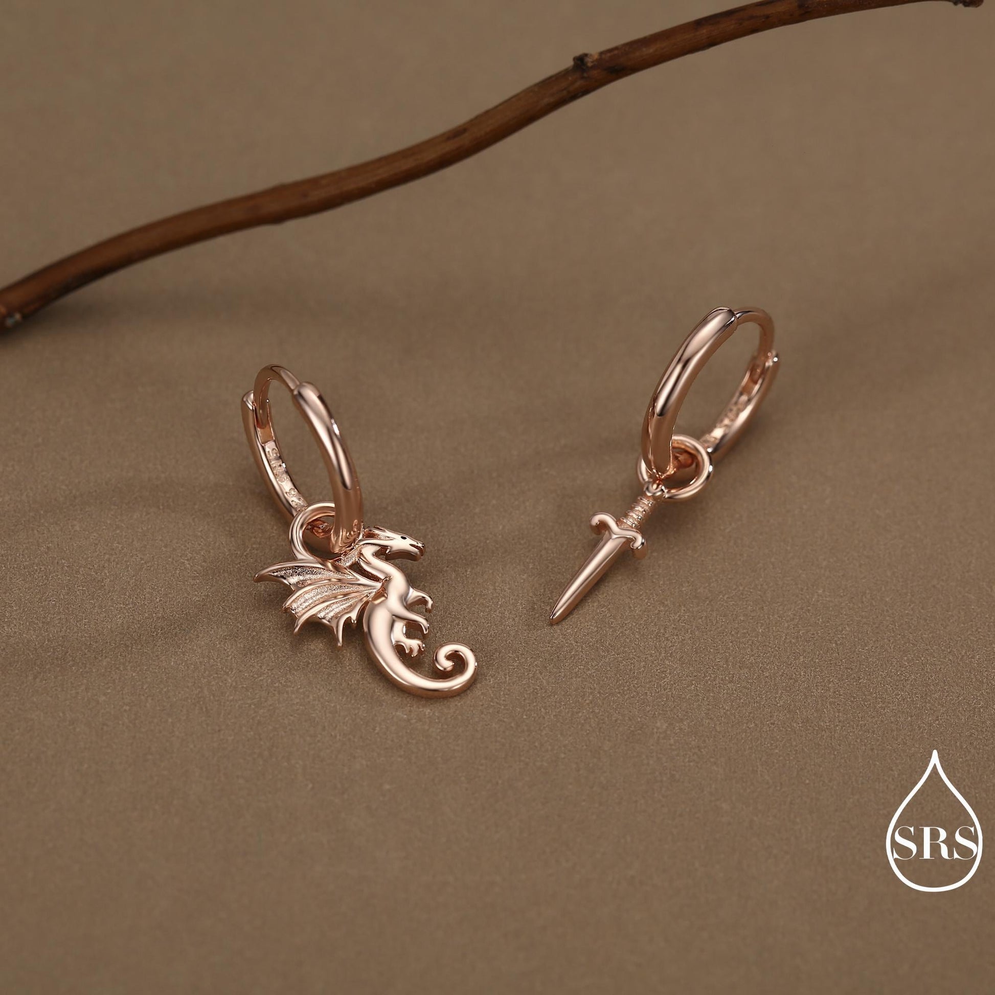 Mismatched Dragon and Sword Huggie Hoops in Sterling Silver, Detachable Asymmetric Dragon and Sword Hoop Earrings, Silver, Gold or Rose Gold