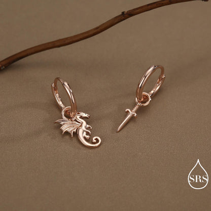Mismatched Dragon and Sword Huggie Hoops in Sterling Silver, Detachable Asymmetric Dragon and Sword Hoop Earrings, Silver, Gold or Rose Gold