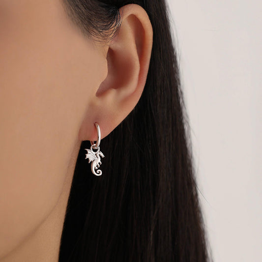 Flying Dragon Huggie Hoop in Sterling Silver, Silver or Gold or Rose Gold, Dagon Dangle Hoop Earrings, Detachable and Interchangeable