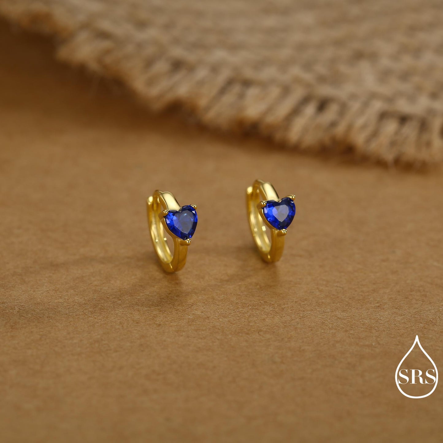 Sapphire Blue Heart Huggie Hoop in Sterling Silver, Silver or Gold, 8mm Inner Diameter, Stacking Earrings, September Birthstone