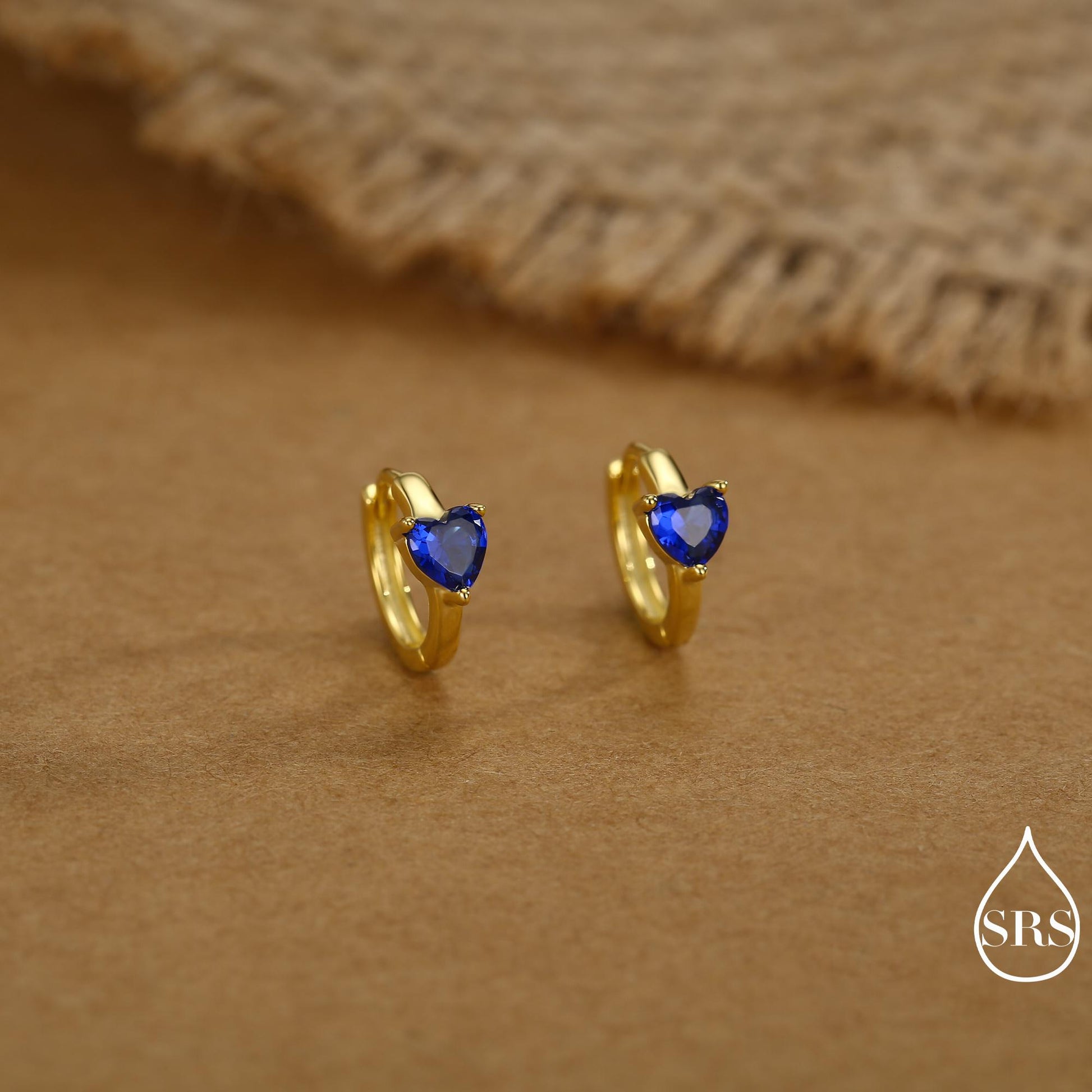 Sapphire Blue Heart Huggie Hoop in Sterling Silver, Silver or Gold, 8mm Inner Diameter, Stacking Earrings, September Birthstone