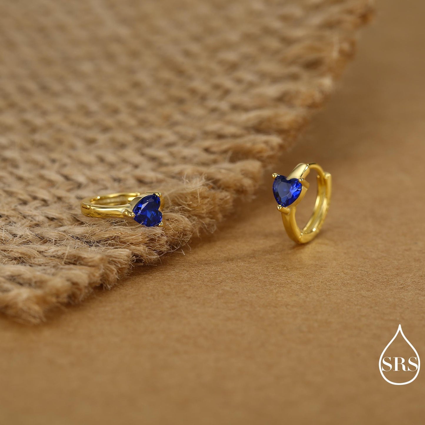 Sapphire Blue Heart Huggie Hoop in Sterling Silver, Silver or Gold, 8mm Inner Diameter, Stacking Earrings, September Birthstone