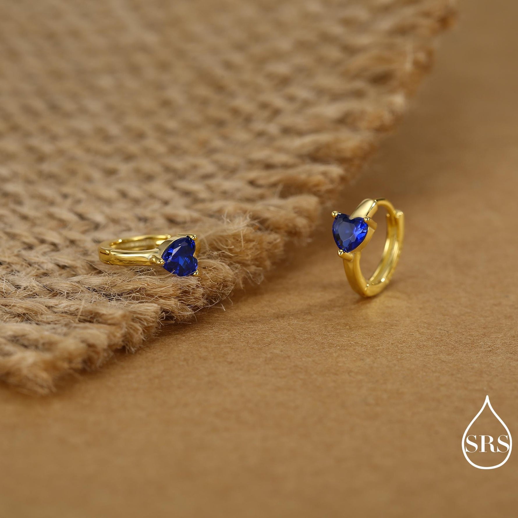 Sapphire Blue Heart Huggie Hoop in Sterling Silver, Silver or Gold, 8mm Inner Diameter, Stacking Earrings, September Birthstone