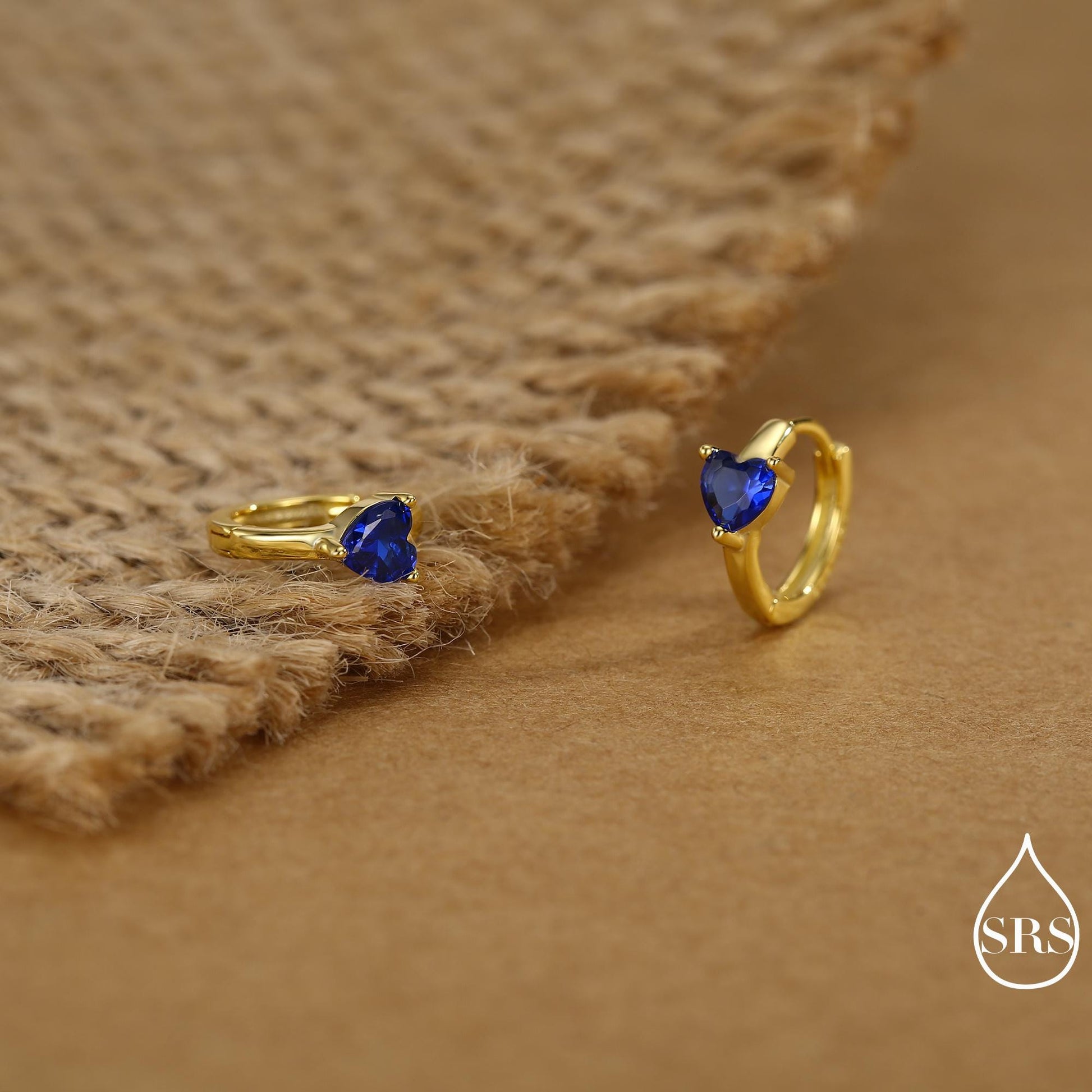 Sapphire Blue Heart Huggie Hoop in Sterling Silver, Silver or Gold, 8mm Inner Diameter, Stacking Earrings, September Birthstone