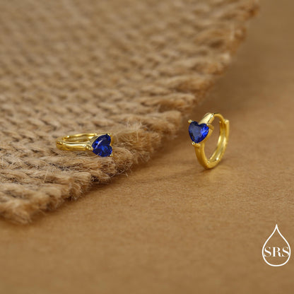 Sapphire Blue Heart Huggie Hoop in Sterling Silver, Silver or Gold, 8mm Inner Diameter, Stacking Earrings, September Birthstone