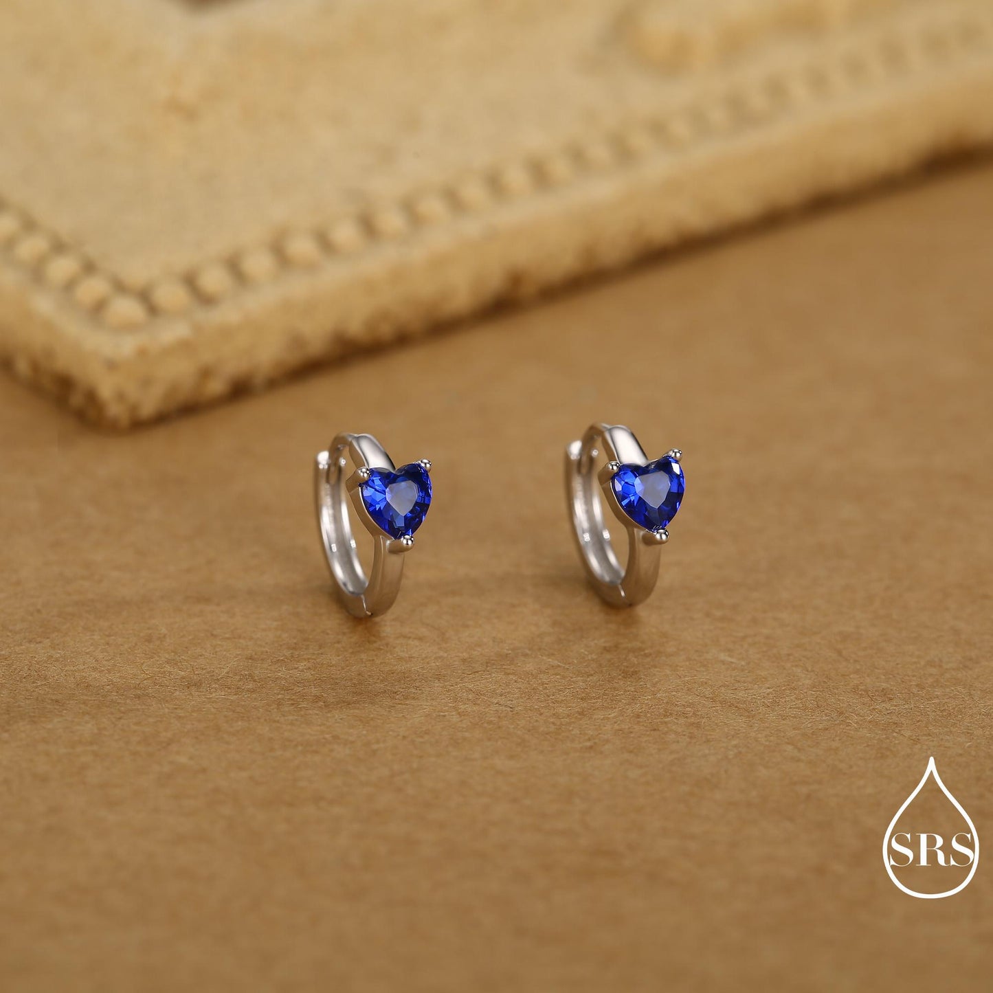 Sapphire Blue Heart Huggie Hoop in Sterling Silver, Silver or Gold, 8mm Inner Diameter, Stacking Earrings, September Birthstone