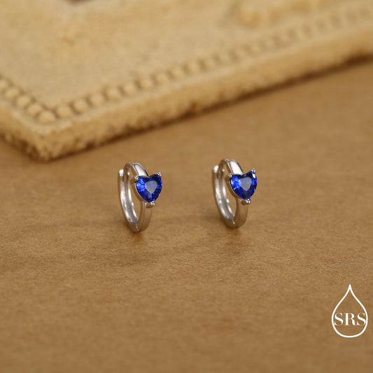 Sapphire Blue Heart Huggie Hoop in Sterling Silver, Silver or Gold, 8mm Inner Diameter, Stacking Earrings, September Birthstone