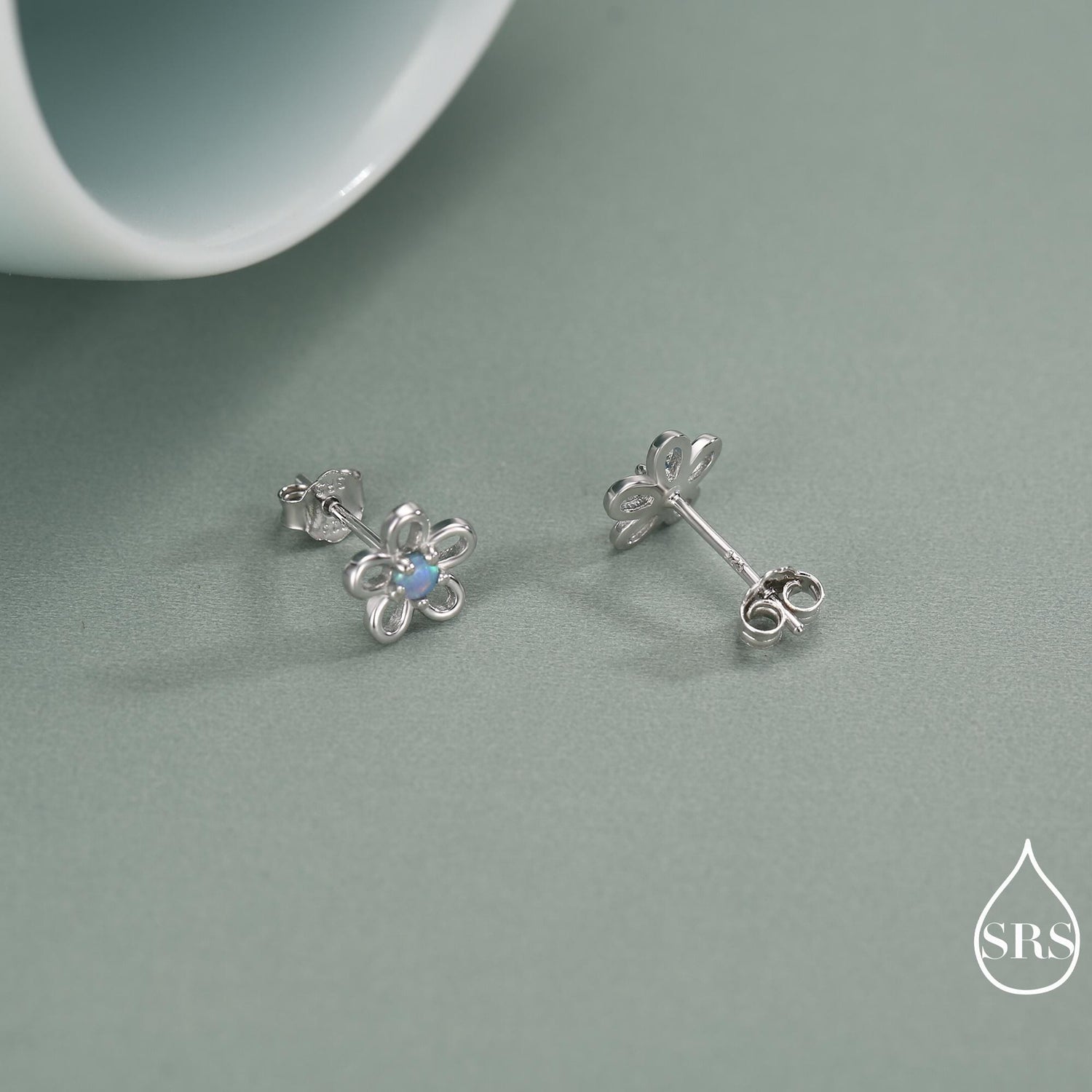 Tiny Blue Opal Flower Stud Earrings in Sterling Silver, Opal Forget-me-not Earrings - Silver Opal Flower Earrings - Petite Stud Earrings